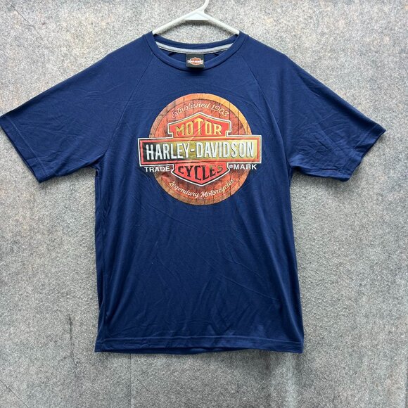 Harley Davidson Shirt Men Medium Blue Orange Casual Tee Motorcycle Logo 2019 - Picture 1 of 12
